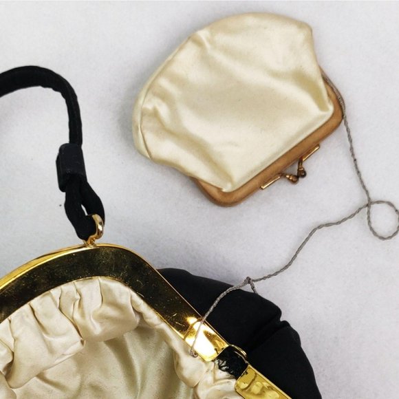 Vintage 1940s DECO Style Black Evening Bag Clutch Attached Chantelle Coin Bag - Picture 8 of 9